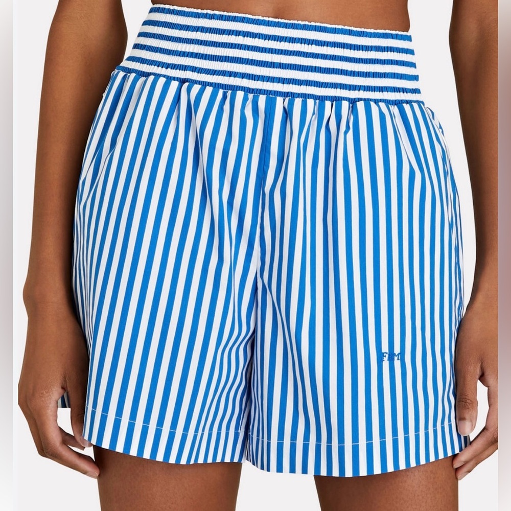 Frame Denim Blue and White Striped High-Waist Shorts